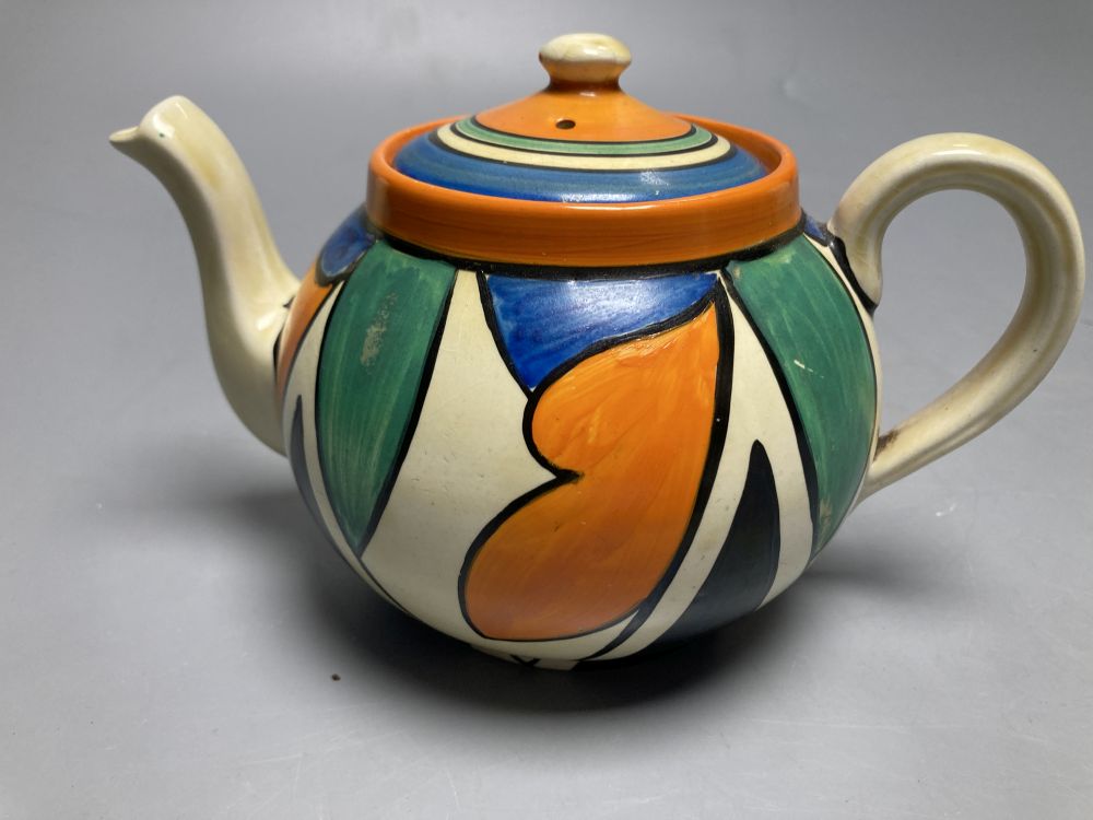 An early Clarice Cliff Bizarre teapot, height 11cm